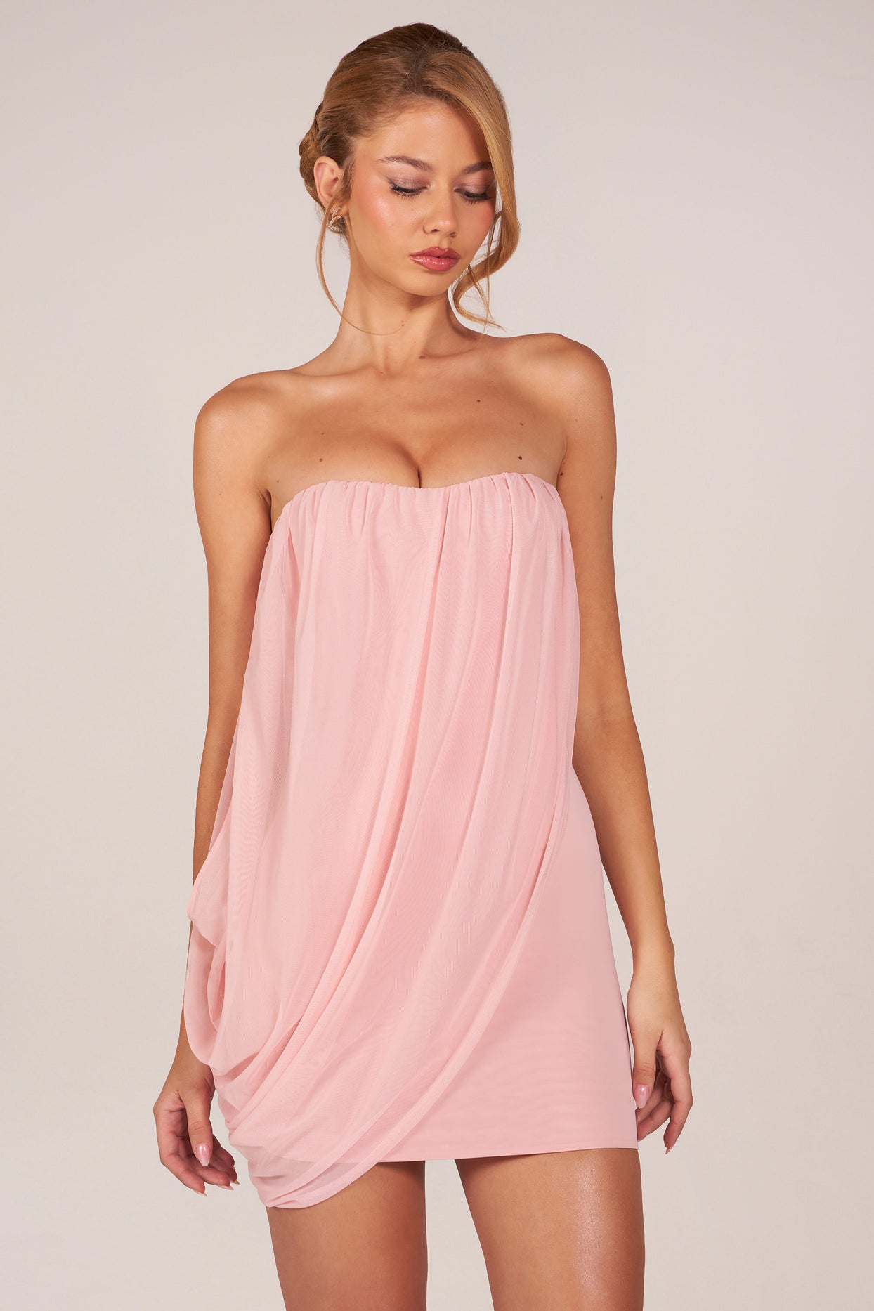 Bandeau Draped Mini Dress in Blush Pink - 9