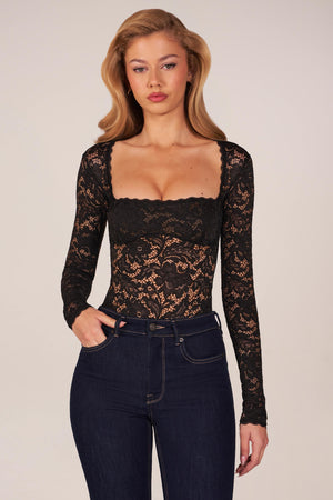 Long-Sleeve Laced Bodysuit in Black