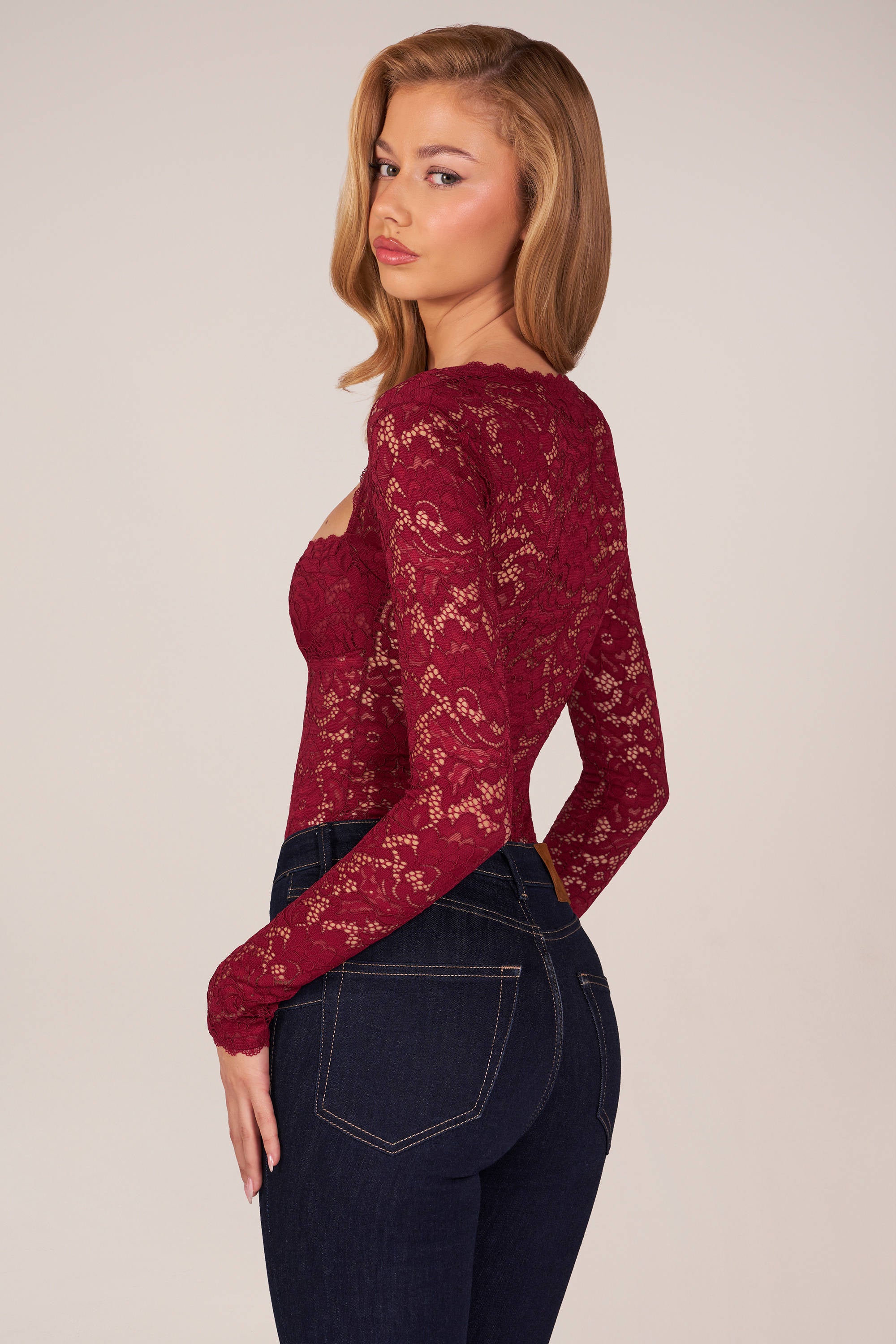 Letizia Long Sleeve Laced Bodysuit in Cherry Red | Oh Polly – Oh