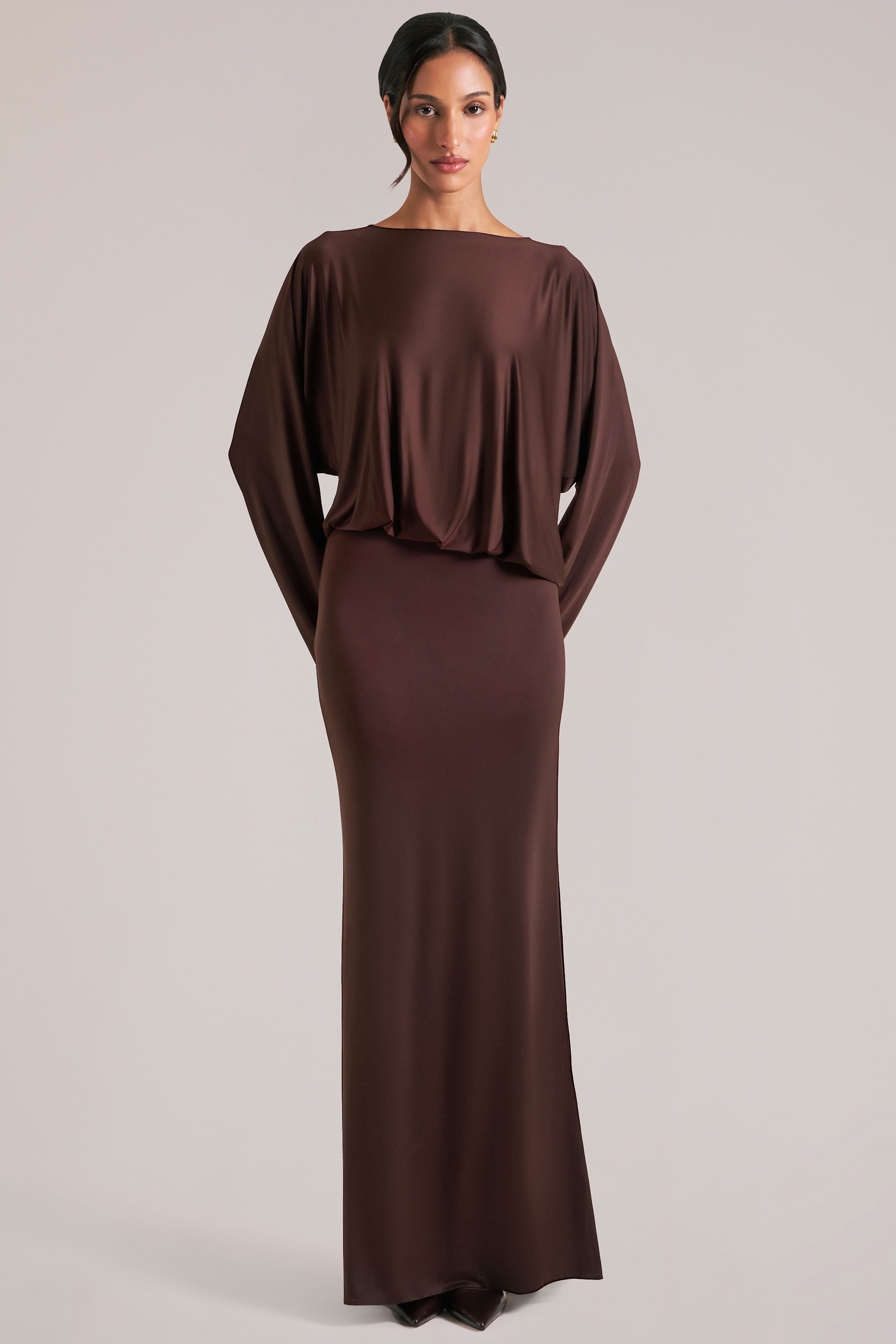 Long-Sleeve Draped Maxi Dress in Chocolate Brown - M