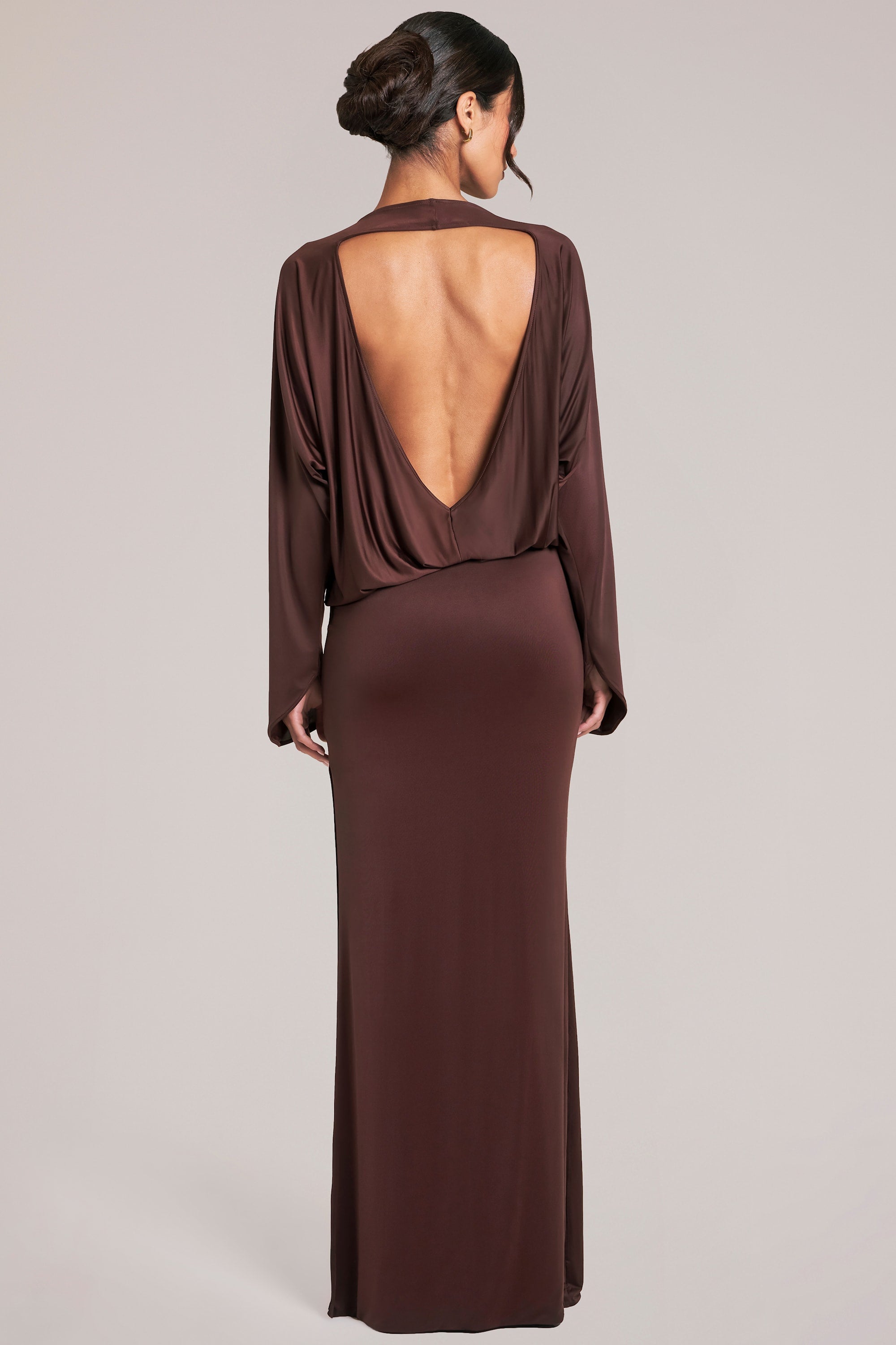 Lani Long-Sleeve Draped Maxi Dress in Chocolate Brown | Oh Polly