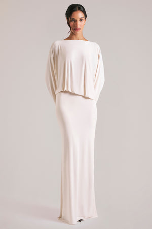 Oh Polly model Yasmin wearing the Lani Maxi Dress in Ivory Soft Jersey fabric perfect for summer garden parties