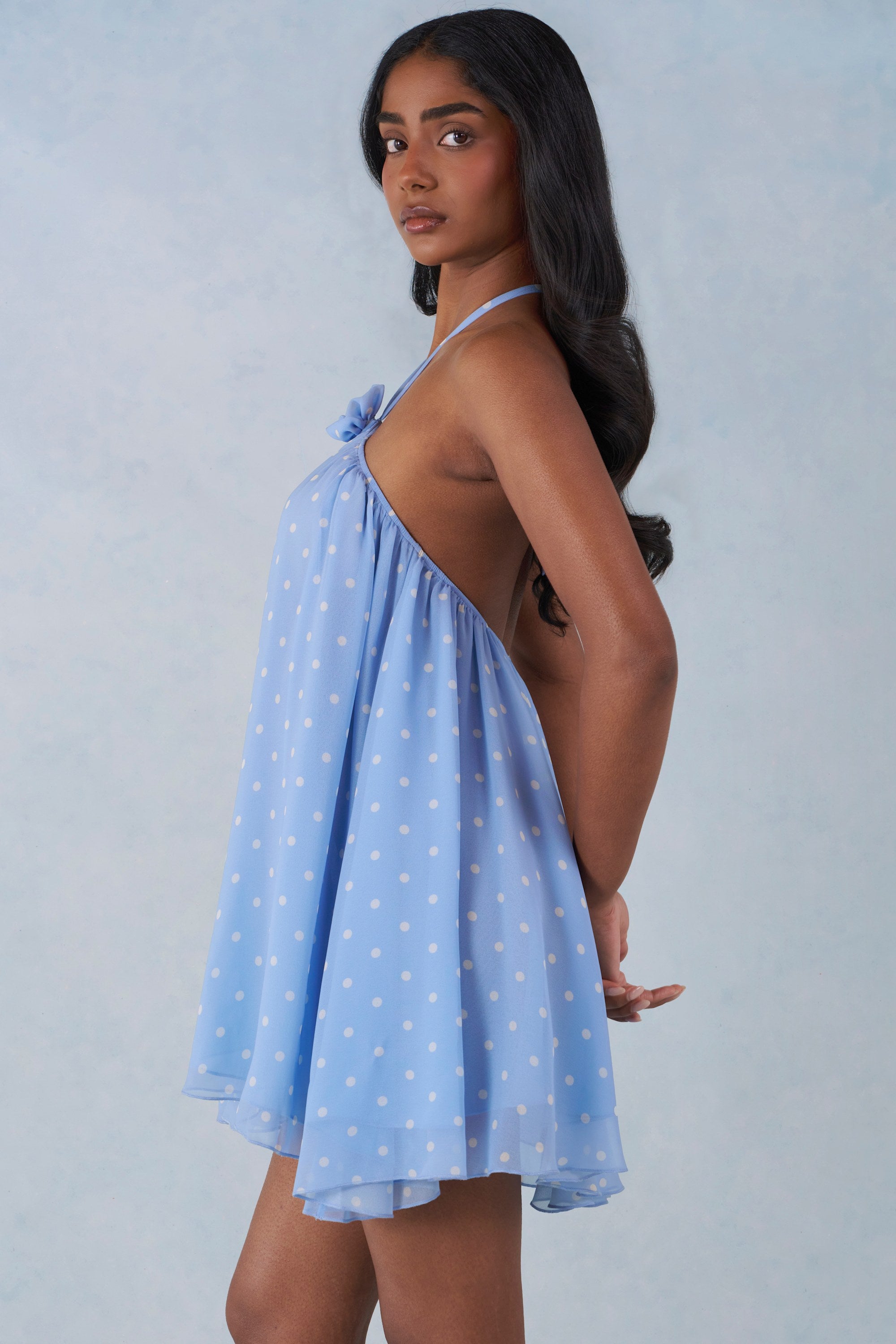 Halterneck Babydoll Mini Dress in Blue Polka Dot Print - S/M
