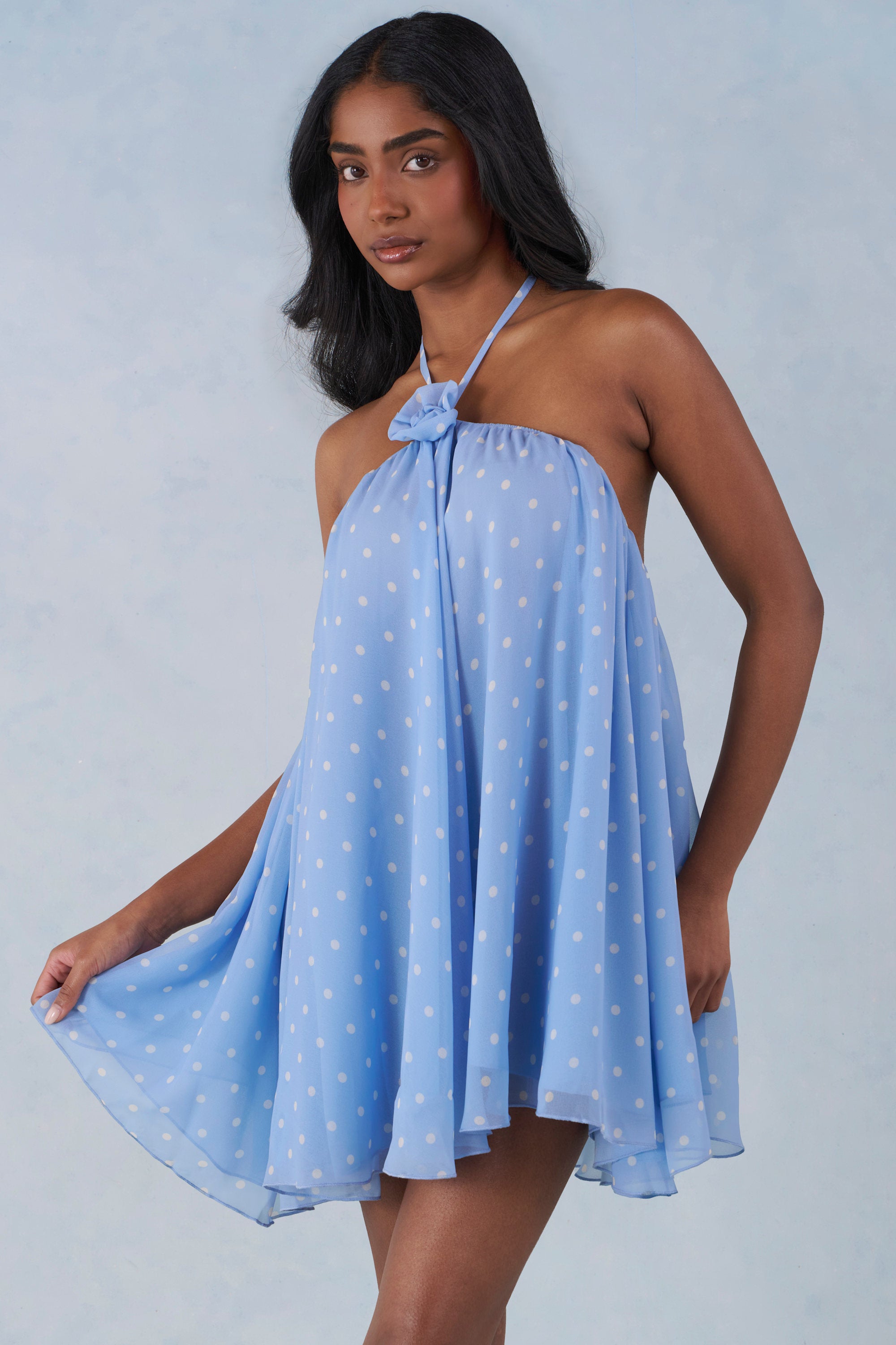 Halterneck Babydoll Mini Dress in Blue Polka Dot Print - S/M