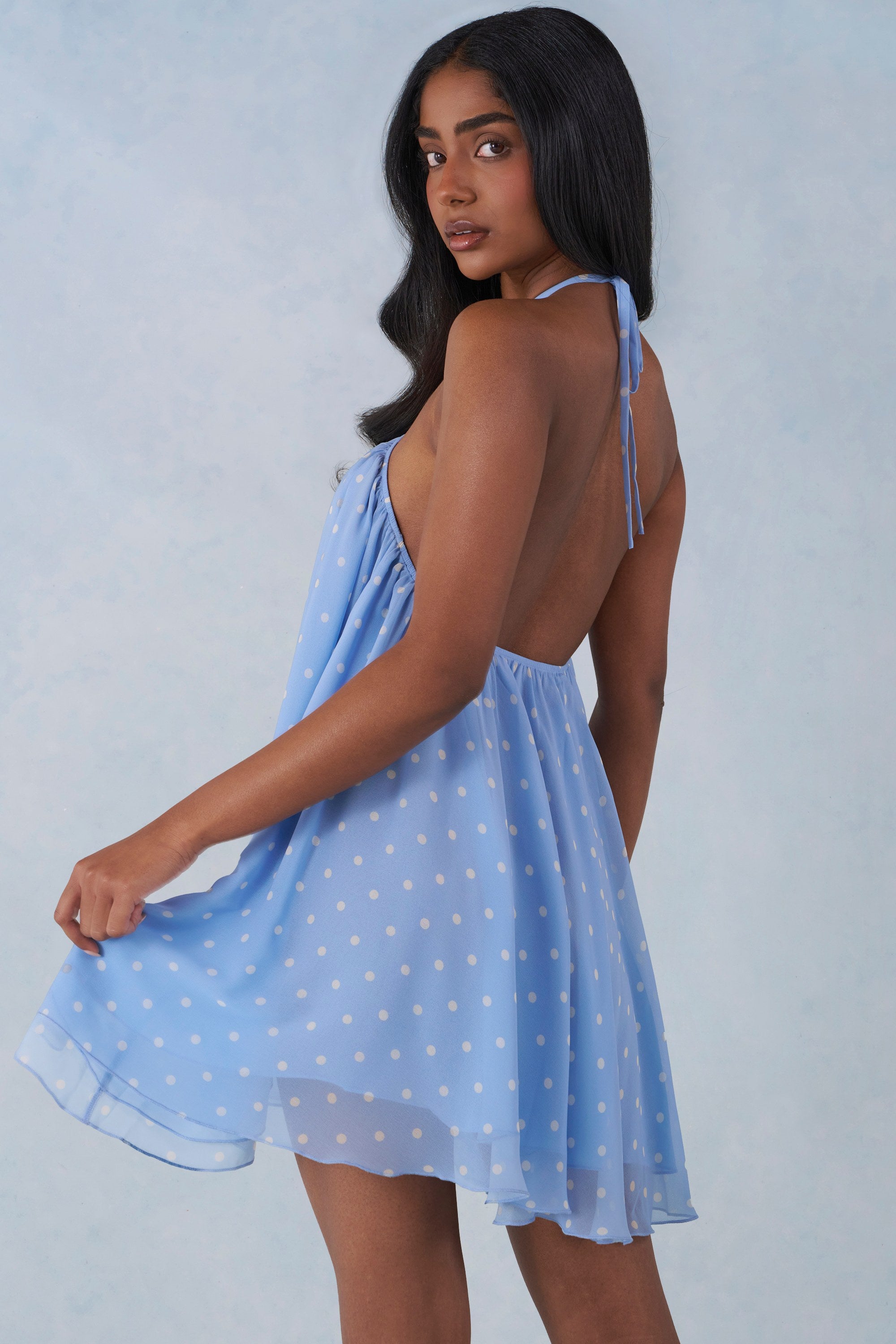 Halterneck Babydoll Mini Dress in Blue Polka Dot Print - S/M