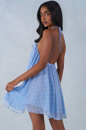 Halterneck Babydoll Mini Dress in Blue Polka Dot Print - S/M | Oh Polly Halterneck Babydoll Mini Dress in Blue Polka Dot Print - S/M | Oh Polly