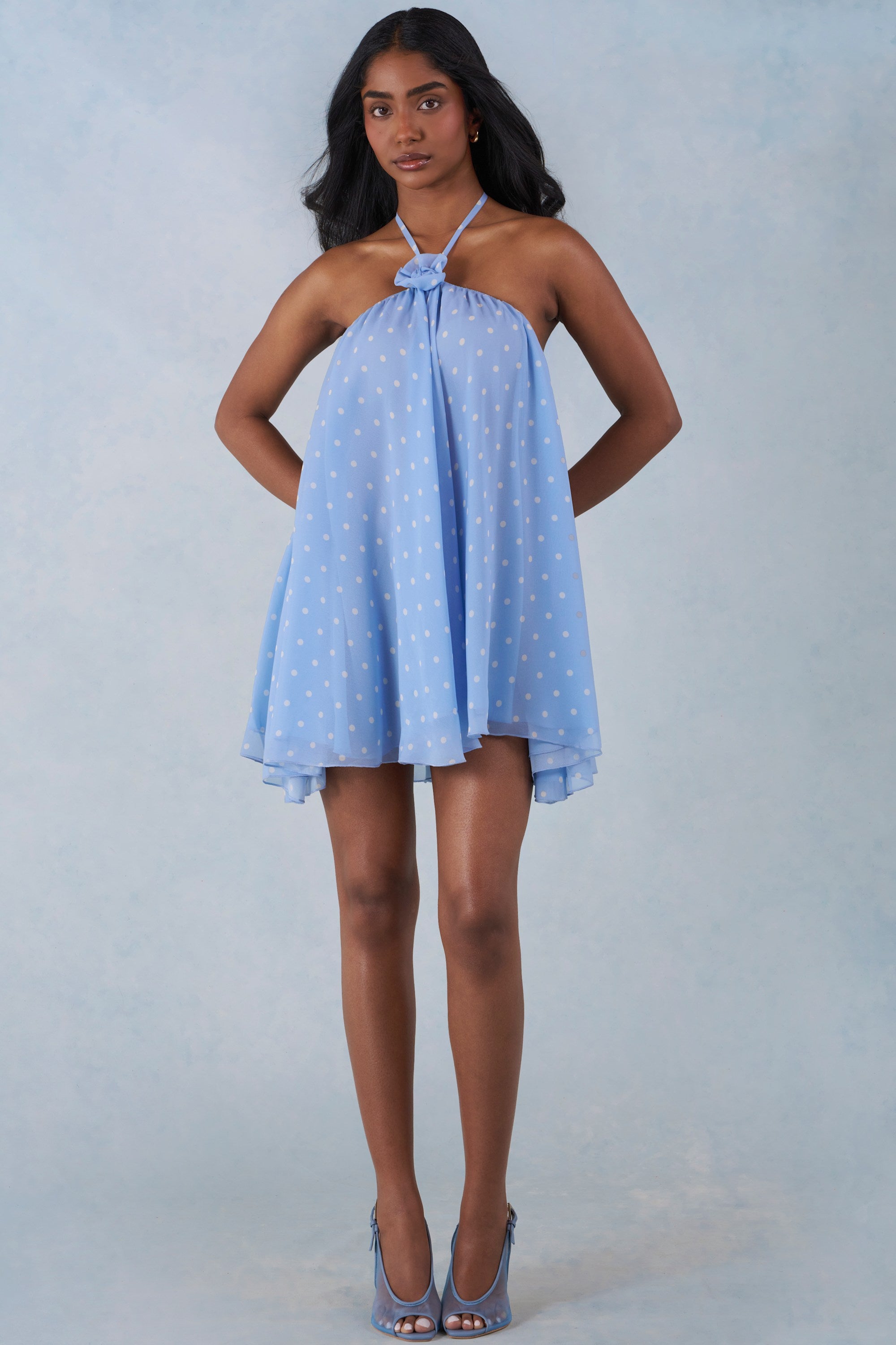 Halterneck Babydoll Mini Dress in Blue Polka Dot Print - S/M