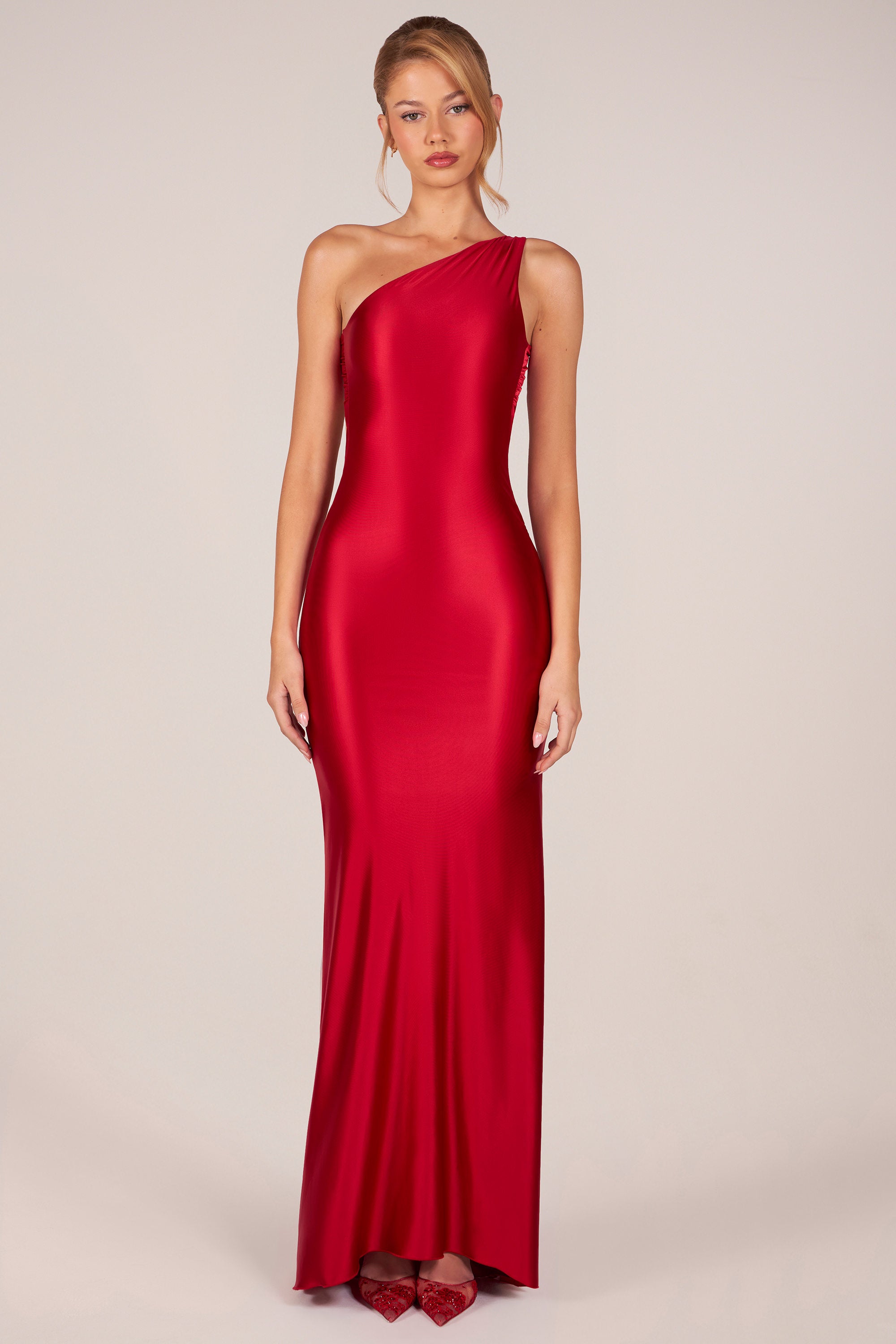 silk red dress Prom Long Red Sequined V-neck Long Sleeve Crafted Satin Slit Prom Dress and if in doubt Red Dresses Maroon, Burgundy
