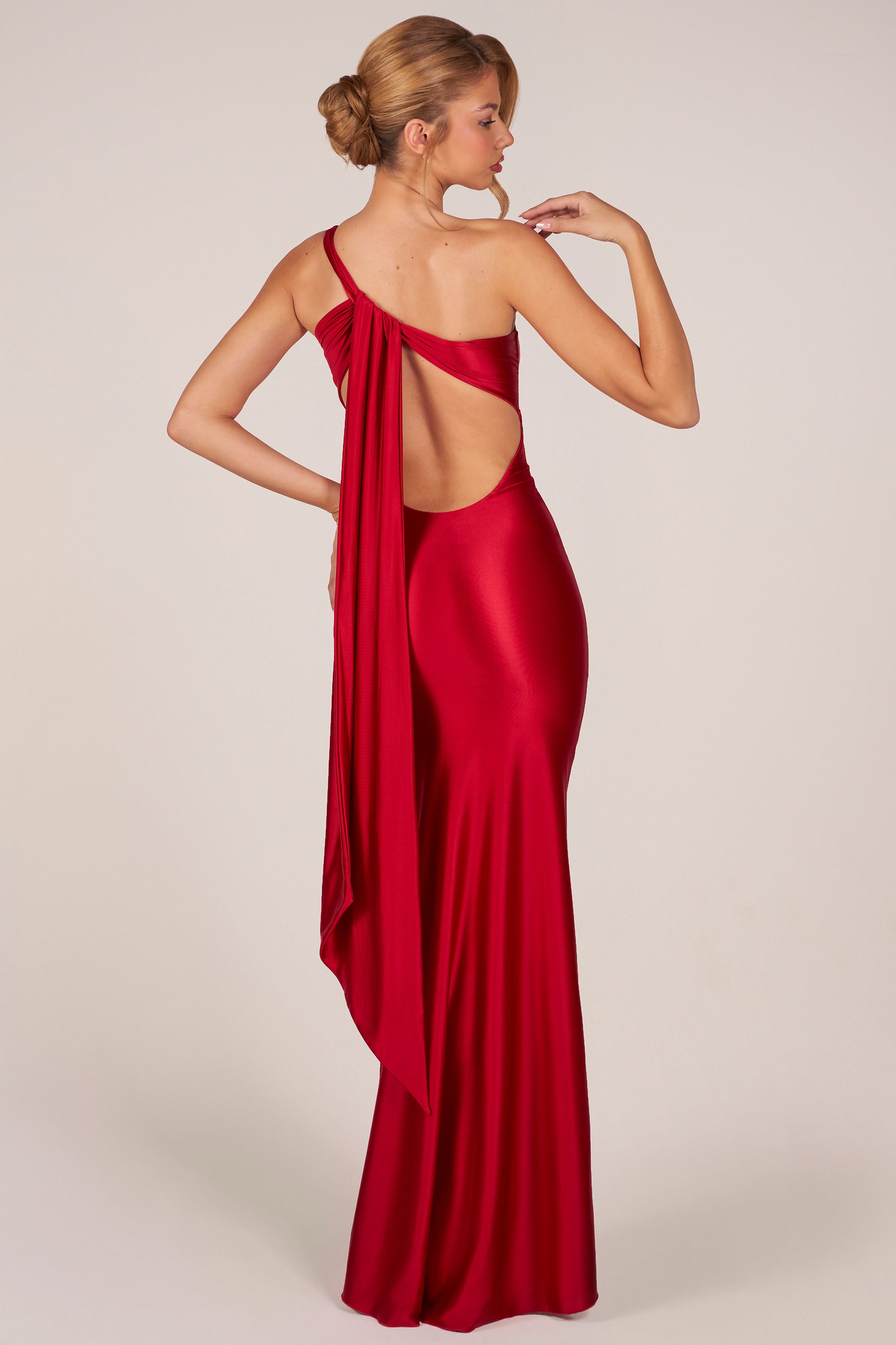 Adelina Asymmetric Tie-Back Gown in Rose Red