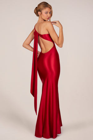 Adelina Asymmetric Tie-Back Gown in Rose Red | Oh Polly Adelina Asymmetric Tie-Back Gown in Rose Red | Oh Polly