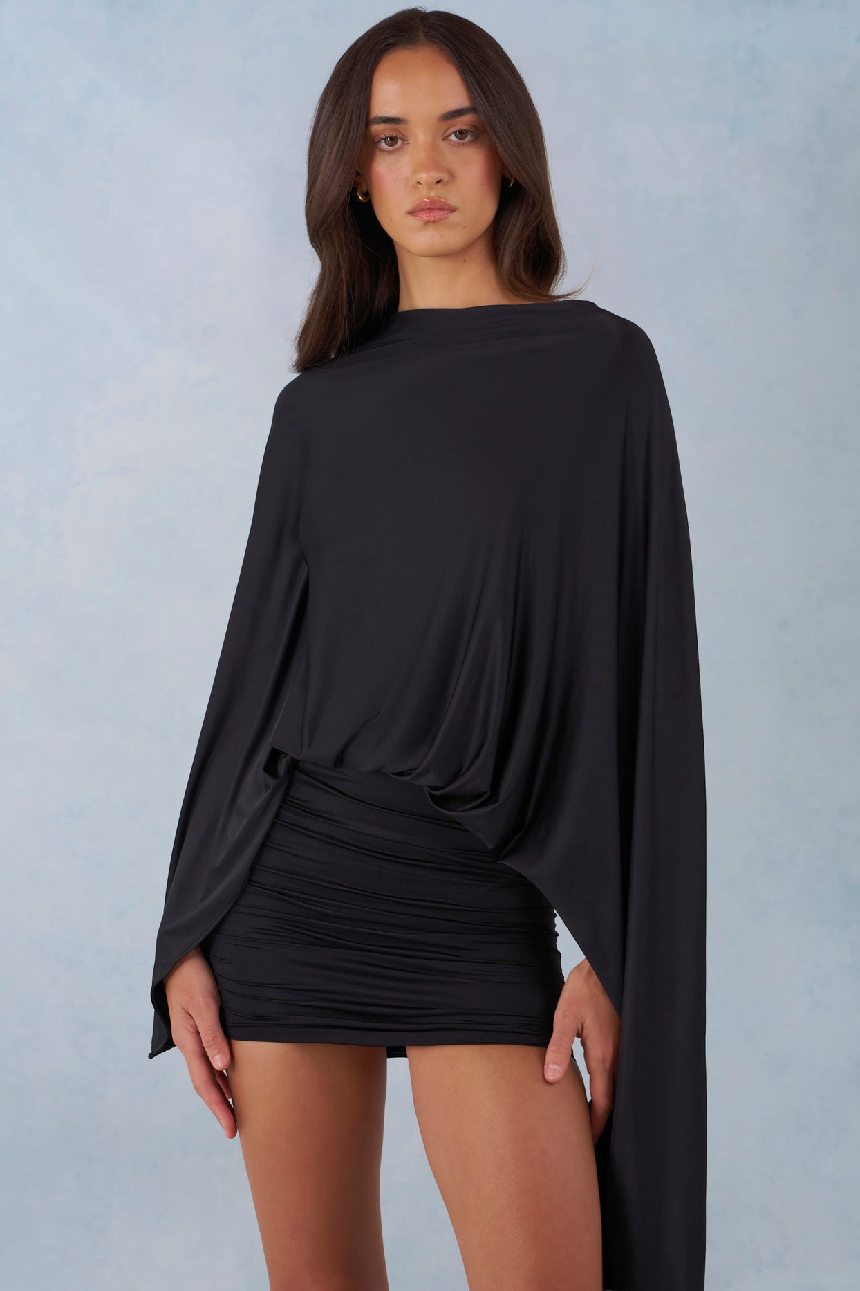 Draped Cape Mini Dress in Black - 9