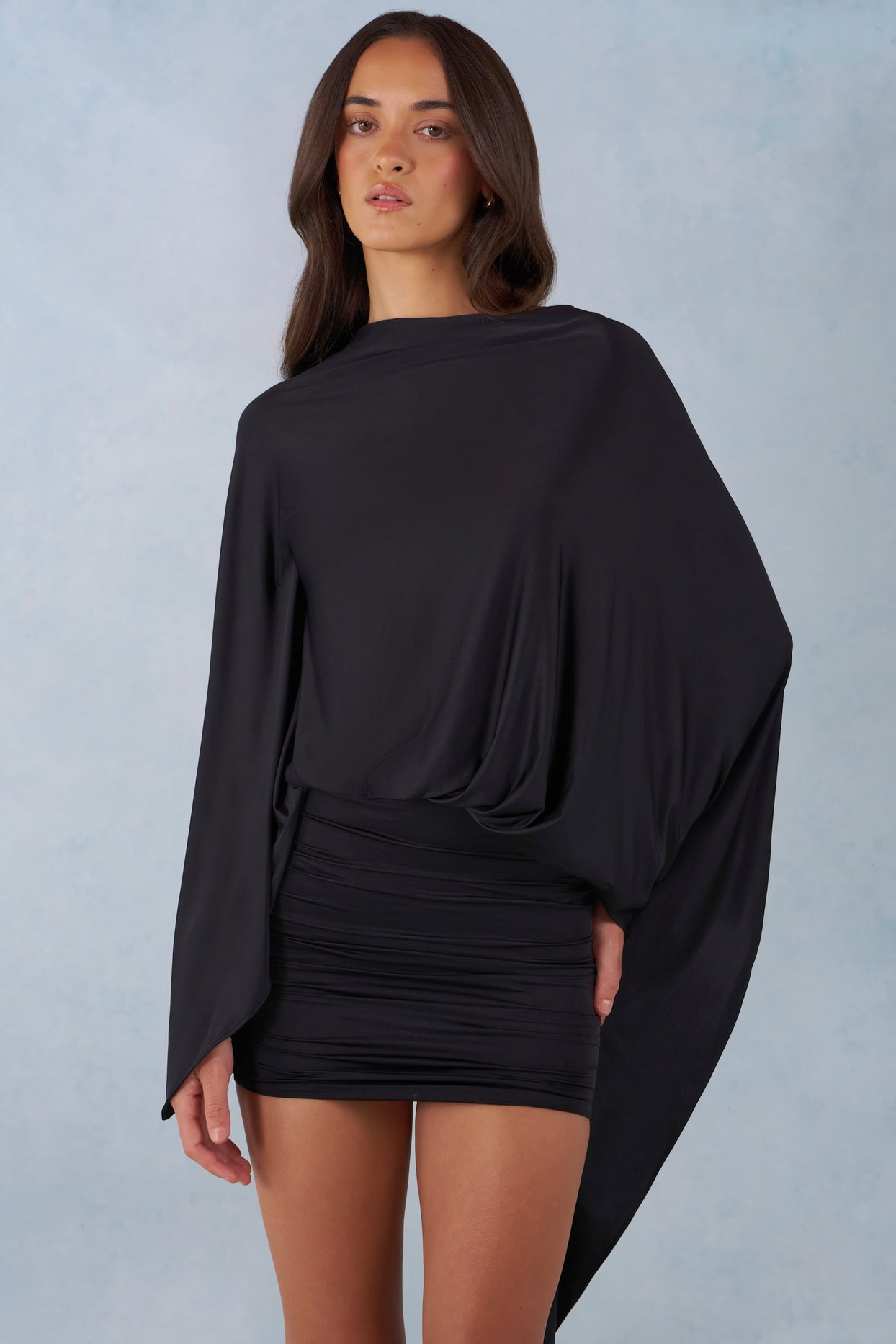 Draped Cape Mini Dress in Black - 6