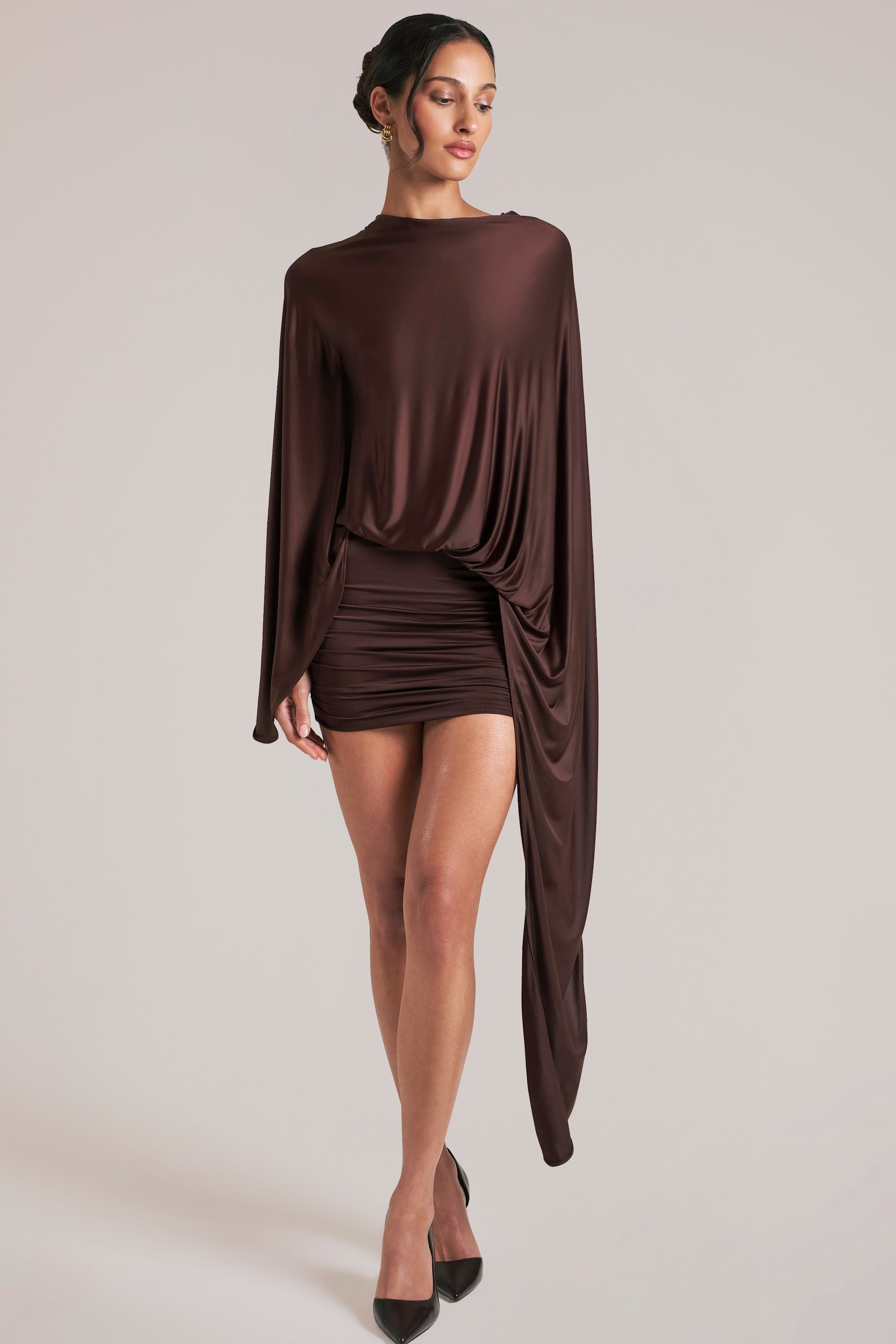 brown sleeve dress Warm Cotton Waffle Fit and Flare Balloon Sleeves Maxi 60" / Custom Height (Free) inspired texture as it shapes a mock neckline with ruffled trim and a loop Brown Dresses Oh Polly