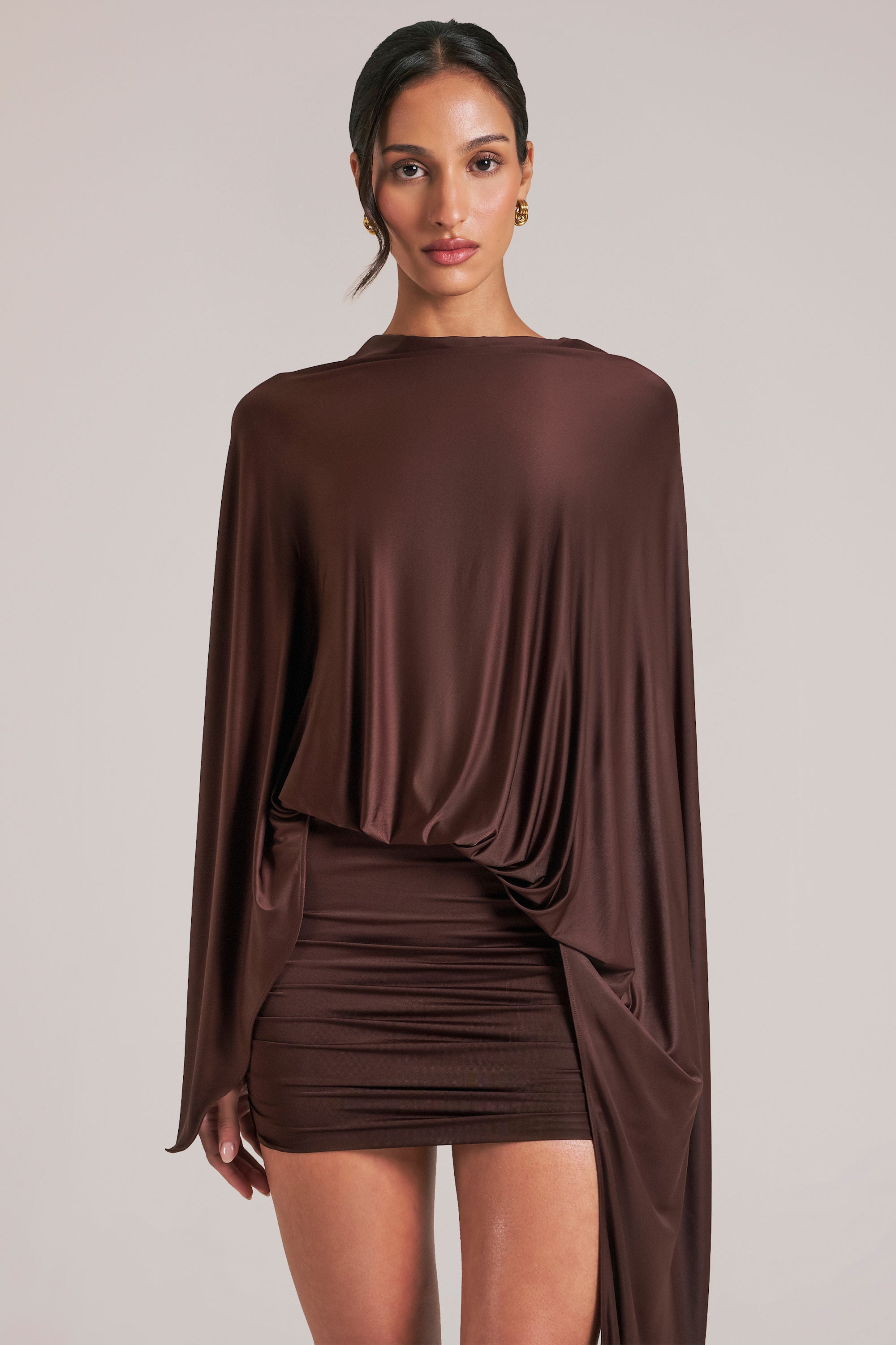 Lida Draped Cape Mini Dress in Chocolate Brown | Oh Polly – Oh