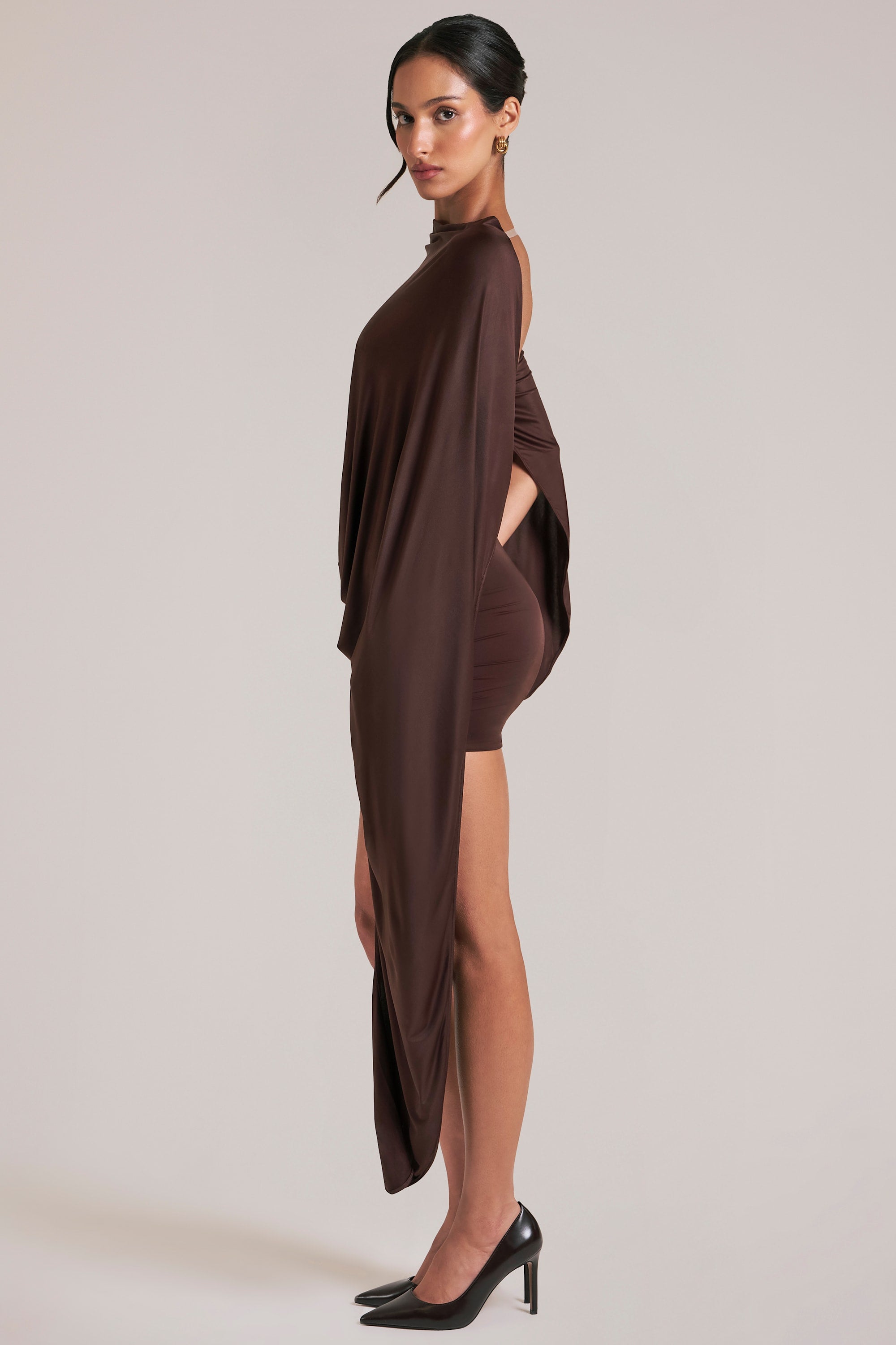 Lida Draped Cape Mini Dress in Chocolate Brown | Oh Polly – Oh