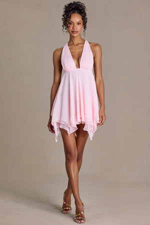 Premium Chiffon Plunge-Neck Open-Back Mini Dress in Baby Pink