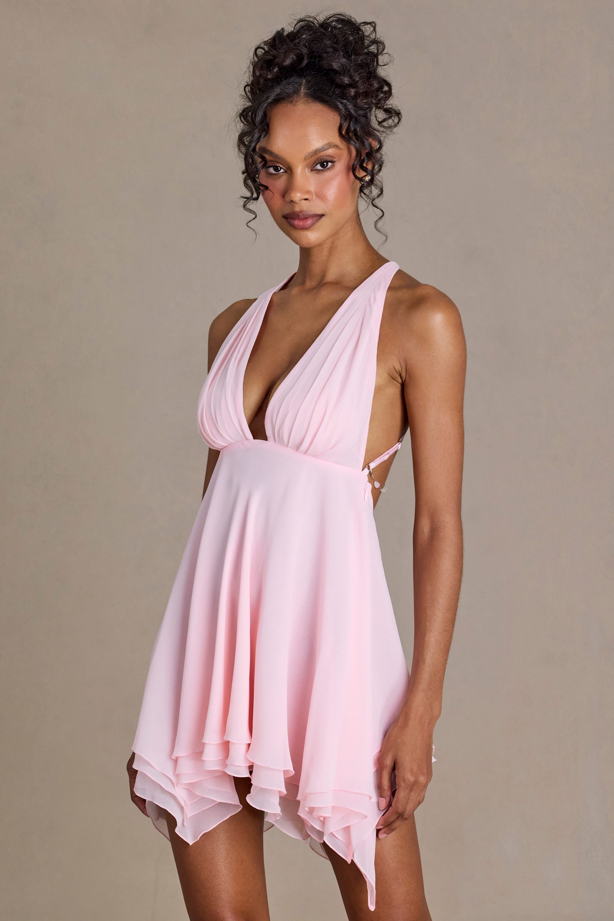 Mariette Premium Chiffon Plunge-Neck Open-Back Mini Dress in