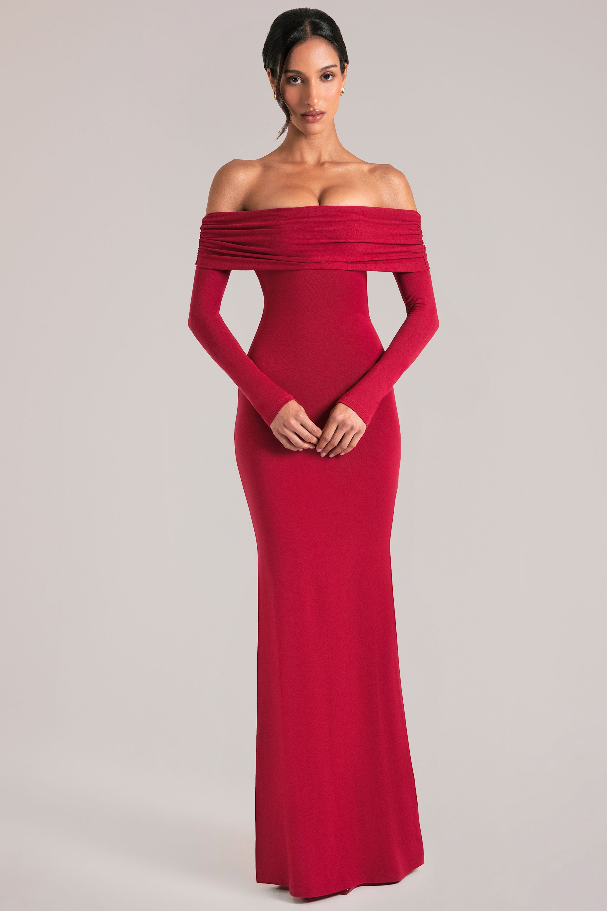 Depny Off-Shoulder Long -Sleeve Maxi Dress in Cherry Red | Oh