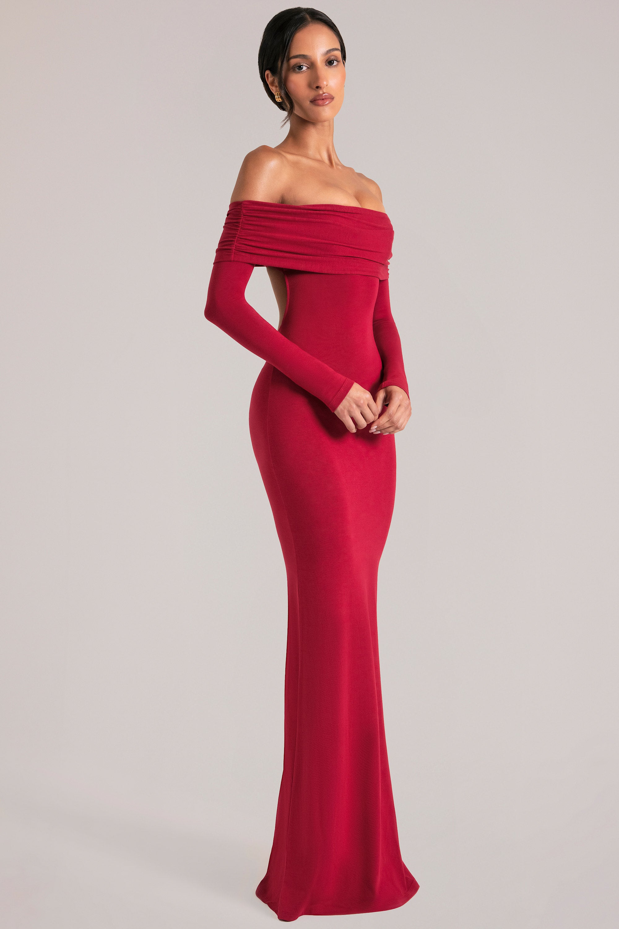 Depny Off-Shoulder Long -Sleeve Maxi Dress in Cherry Red | Oh