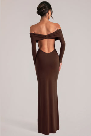 Oh Polly model Yasmin wearing the Depny Maxi Dress in Chocolate Brown Modal fabric perfect for summer weddings