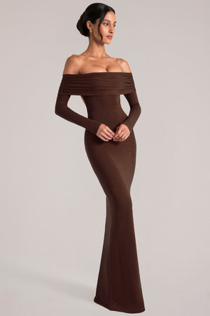 Oh Polly model Yasmin wearing the Depny Maxi Dress in Chocolate Brown Modal fabric perfect for summer weddings