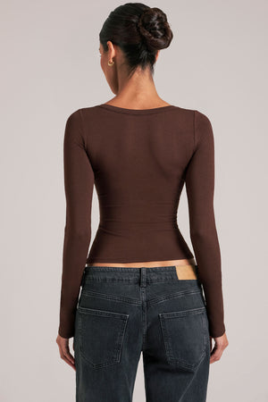 Oh Polly model Yasmin wearing the Zyra Tops in Chocolate Brown Soft Jersey fabric perfect for date night style