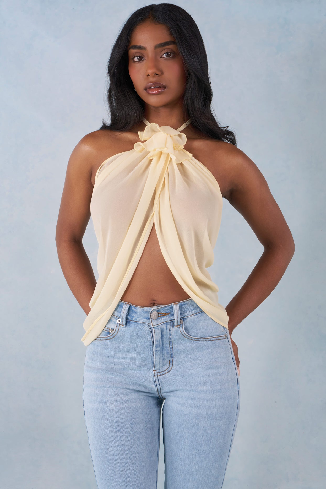 Halterneck Open-Front Top in Butter Yellow - 5