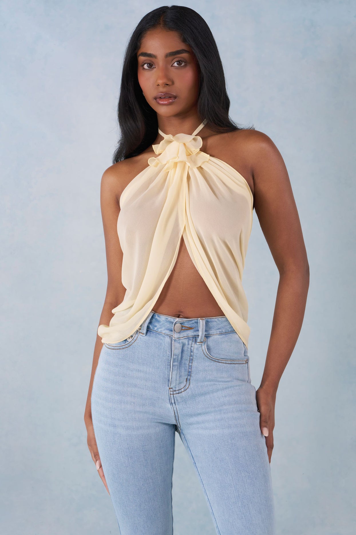 Halterneck Open-Front Top in Butter Yellow - 8