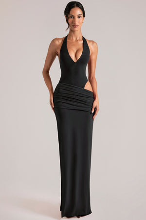 Oh Polly model Yasmin wearing the Oona Maxi Dress in Black Modal fabric perfect for elegant garden parties
