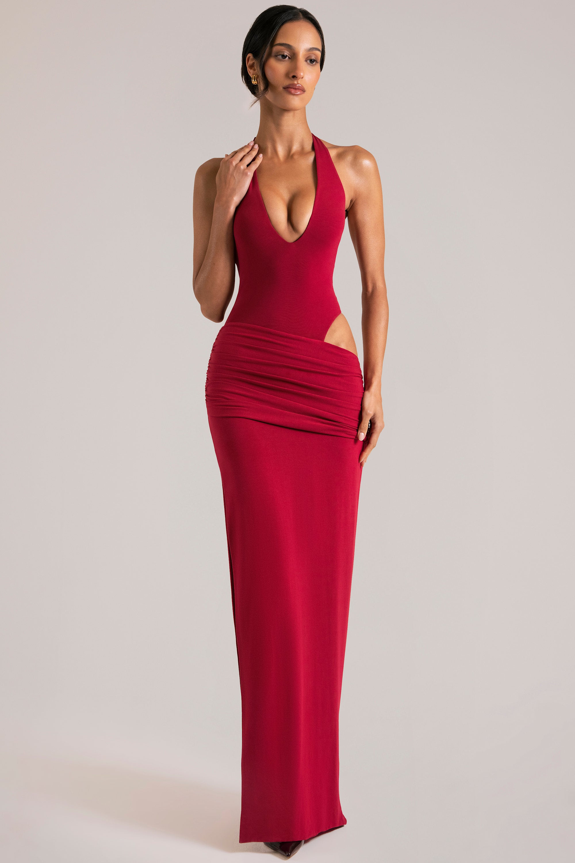 Deep Plunge Halterneck Maxi Dress in Cherry Red - XXS