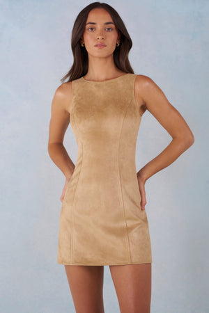 Faux Suede A-Line Mini Dress in Tan