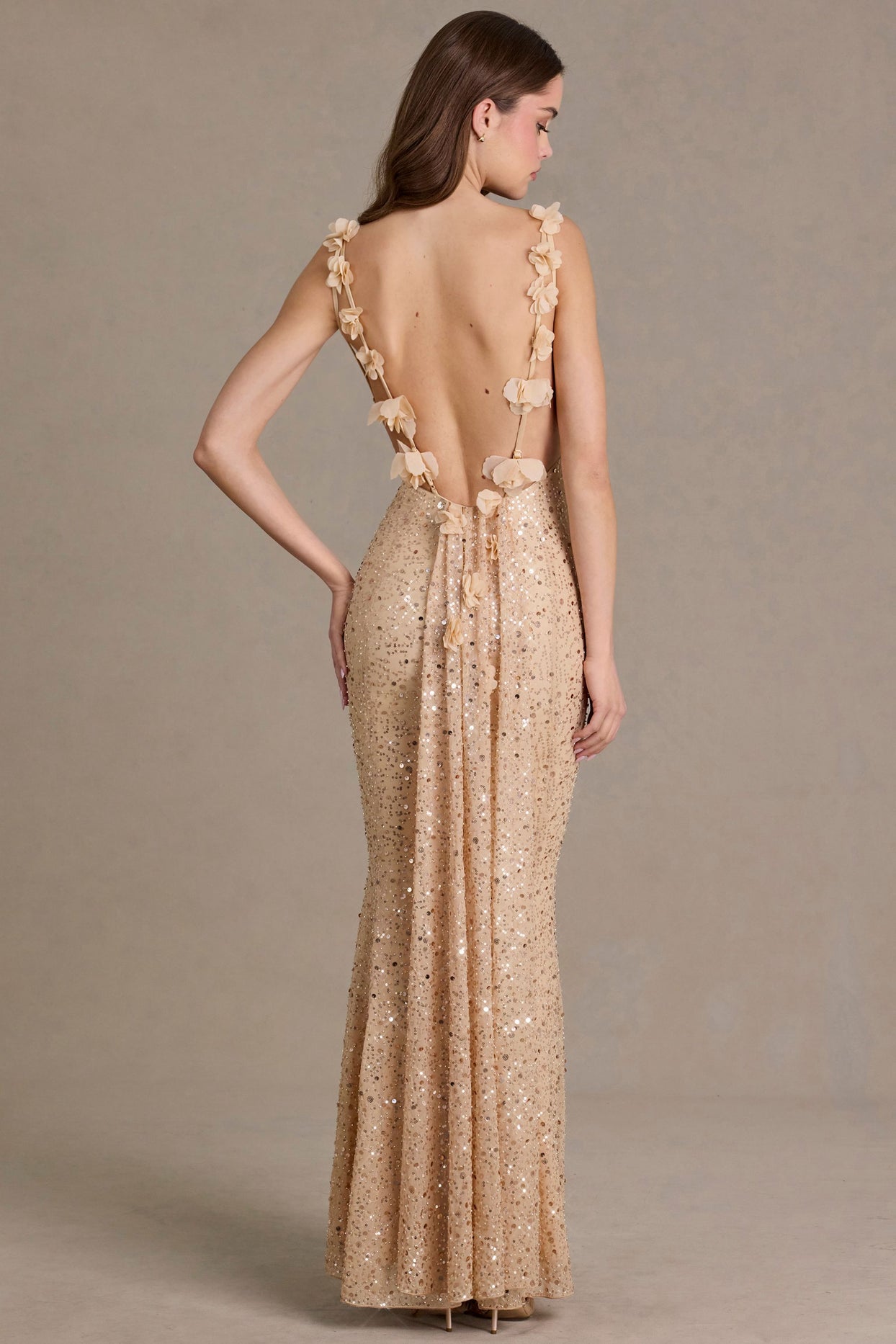 Embellished Open-Back Maxi Dress in Gold - 6