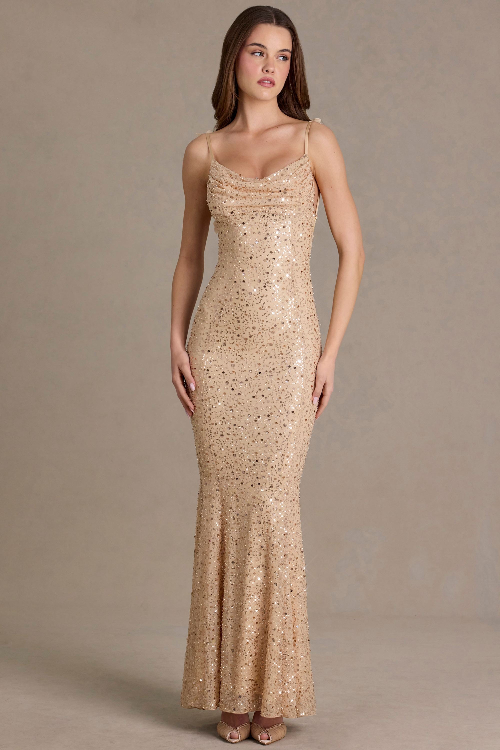 Embellished Open-Back Maxi Dress in Gold