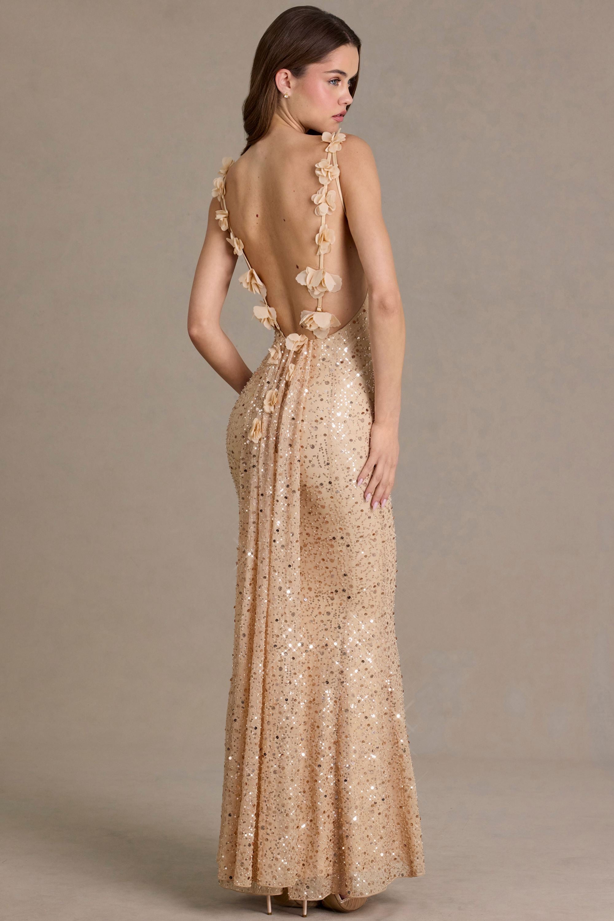 Embellished Open-Back Maxi Dress in Gold