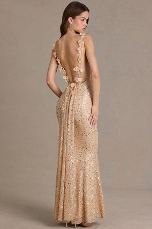 Premium Embellished Open-Back Maxi Dress in Almond
