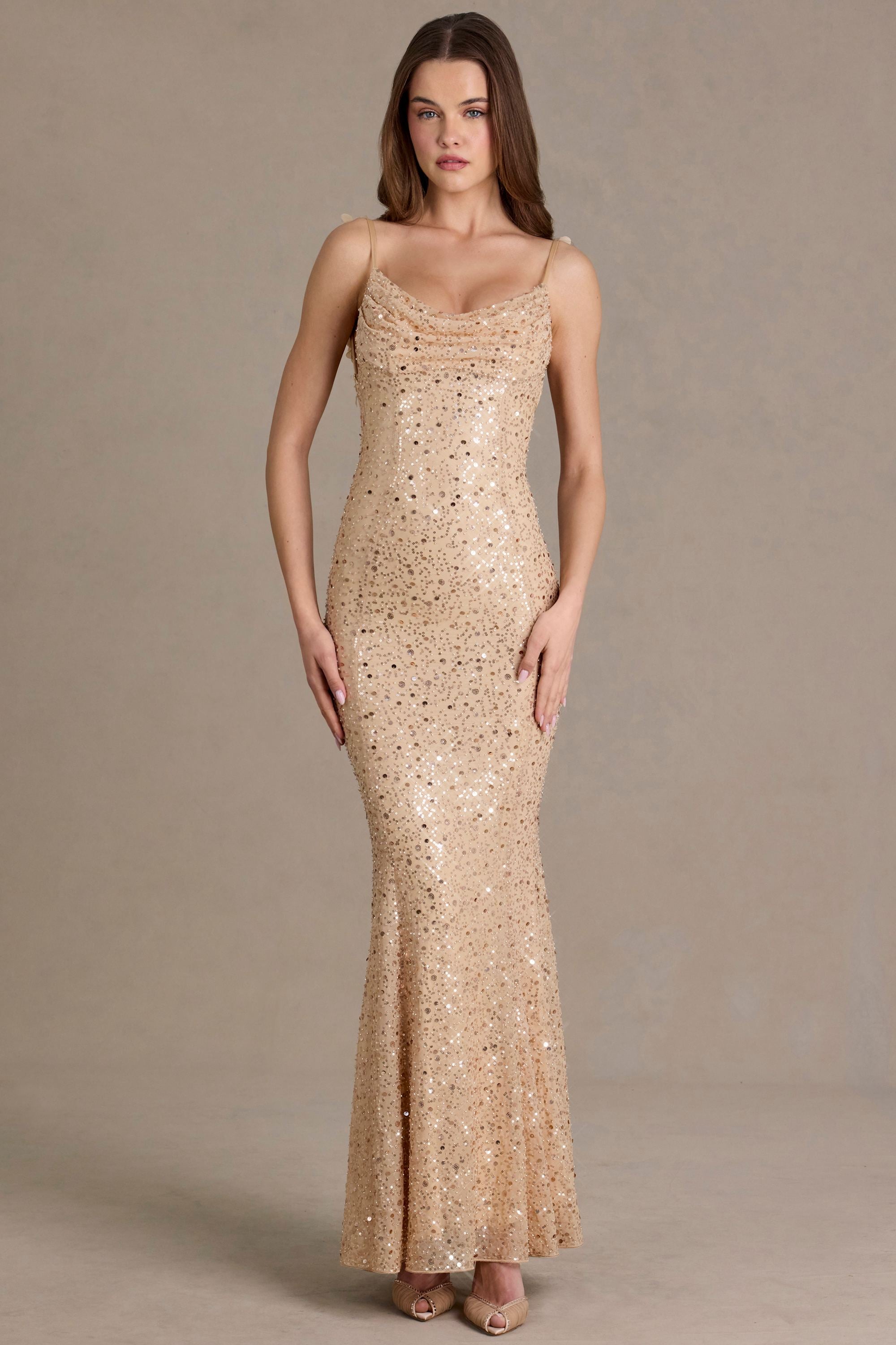 Embellished Open-Back Maxi Dress in Gold