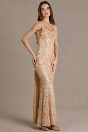 Embellished Open-Back Maxi Dress in Gold - XXS | Oh Polly Embellished Open-Back Maxi Dress in Gold - XXS | Oh Polly