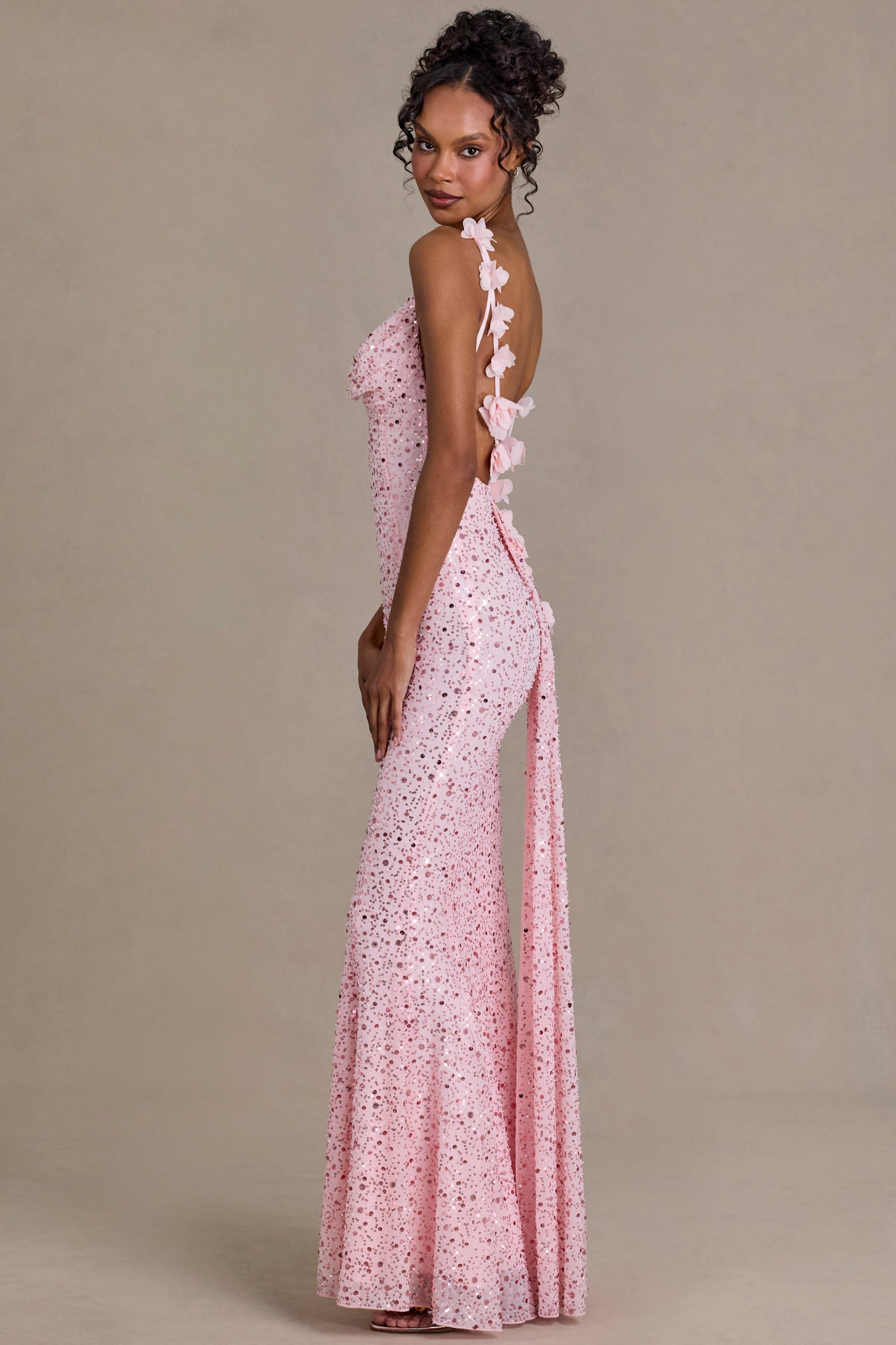 Embellished Open-Back Maxi Dress in Baby Pink - M