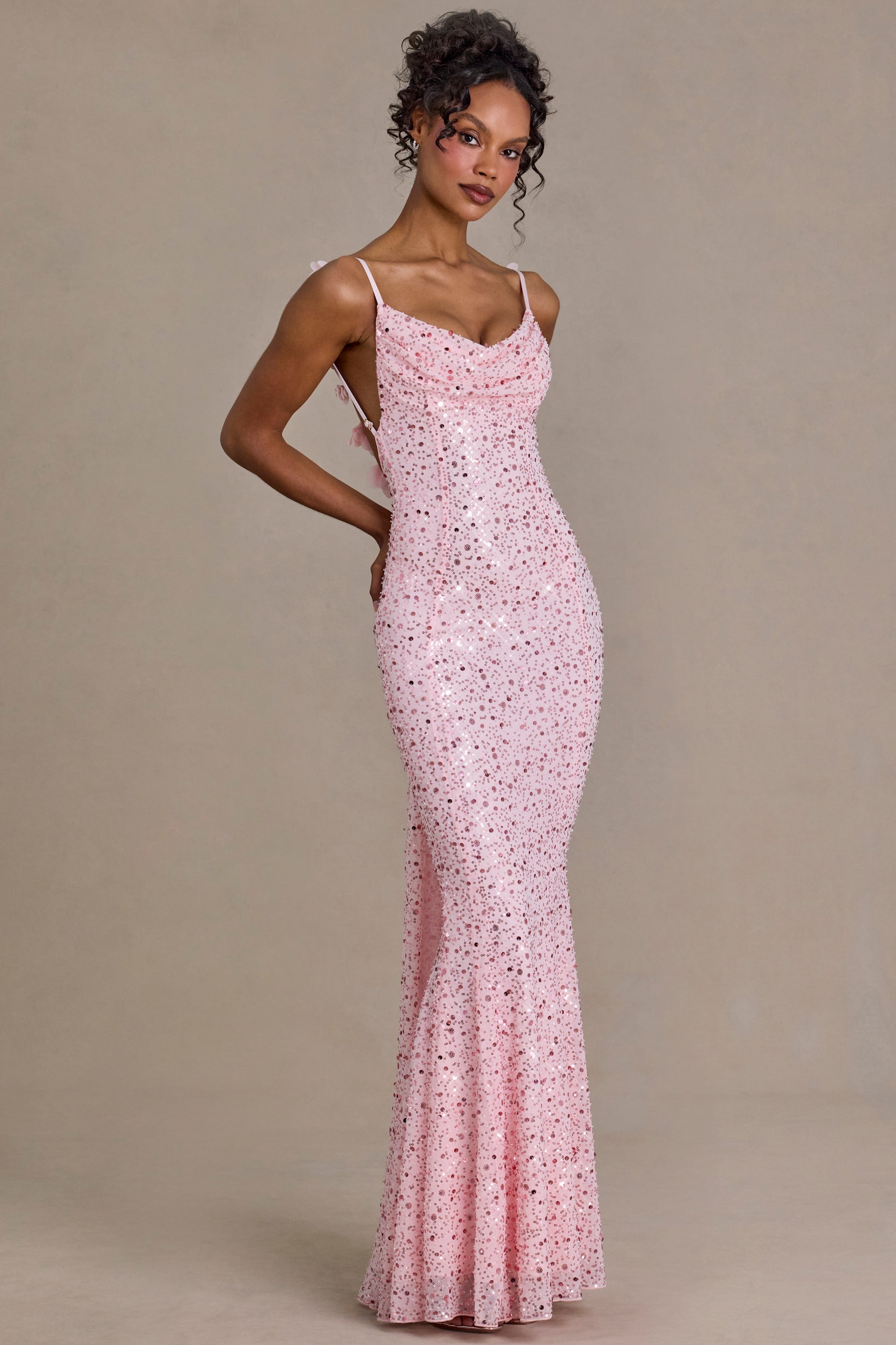 Embellished Open-Back Maxi Dress in Baby Pink - M