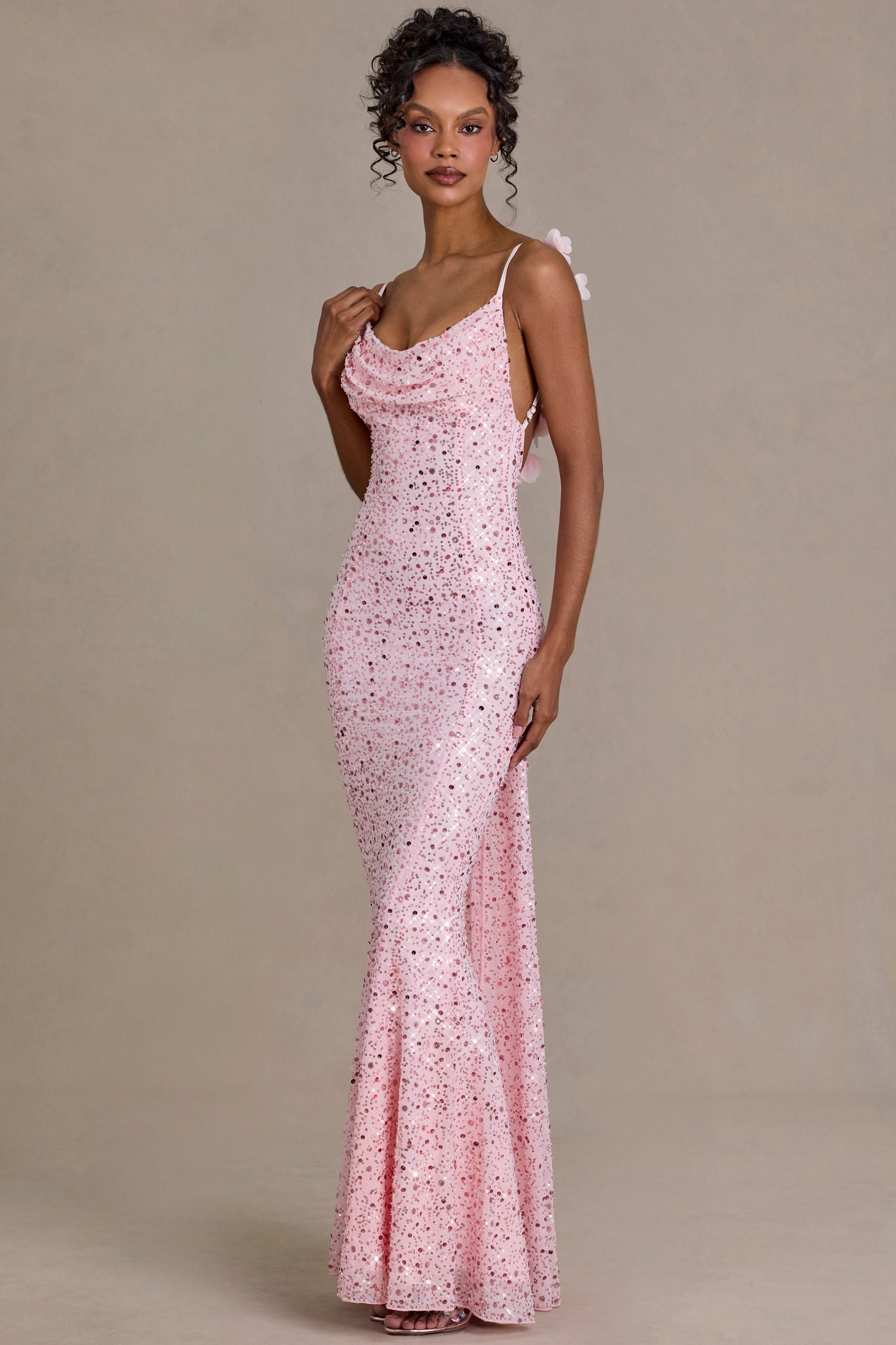 Embellished Open-Back Maxi Dress in Baby Pink - M