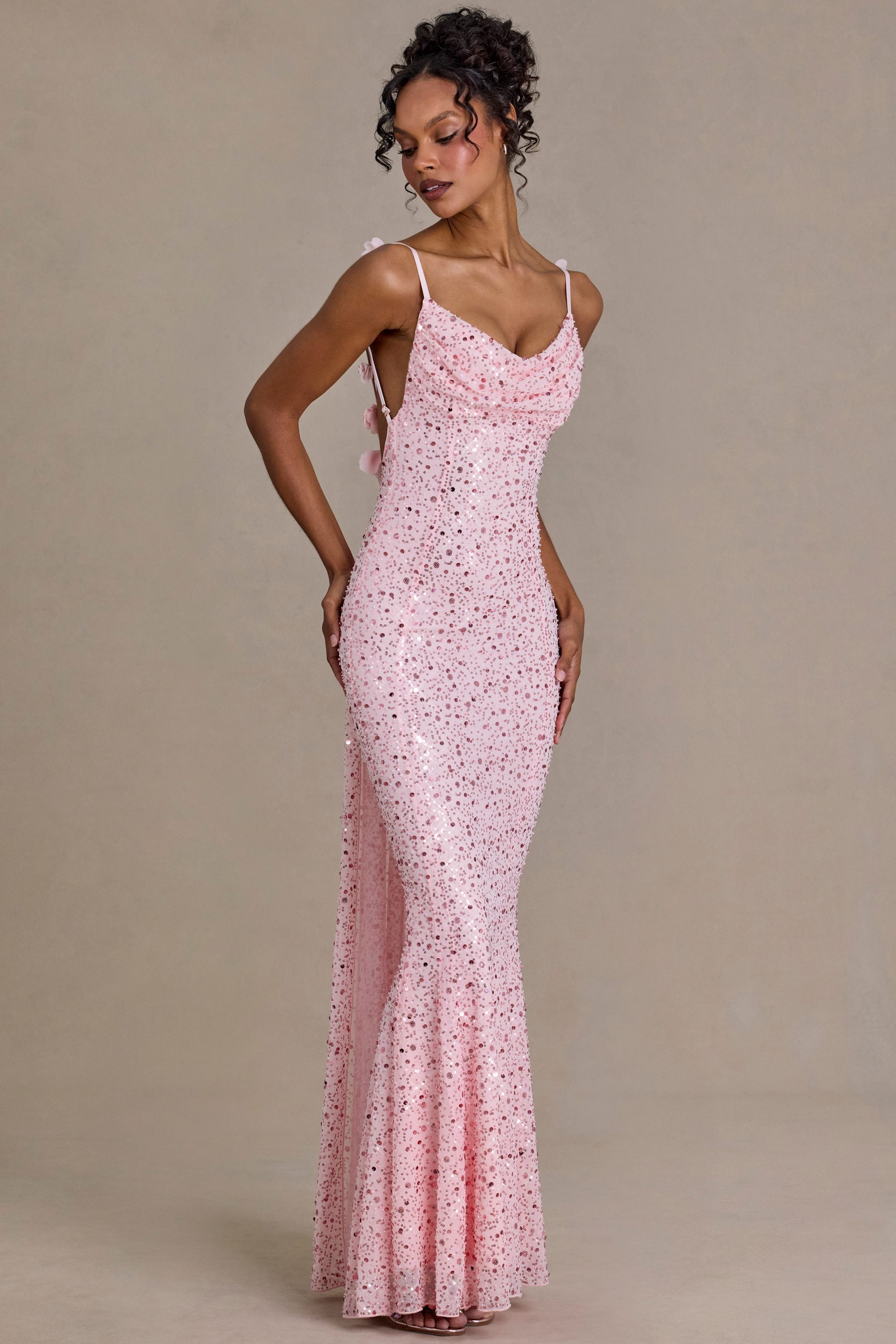 Embellished Open-Back Maxi Dress in Baby Pink - M