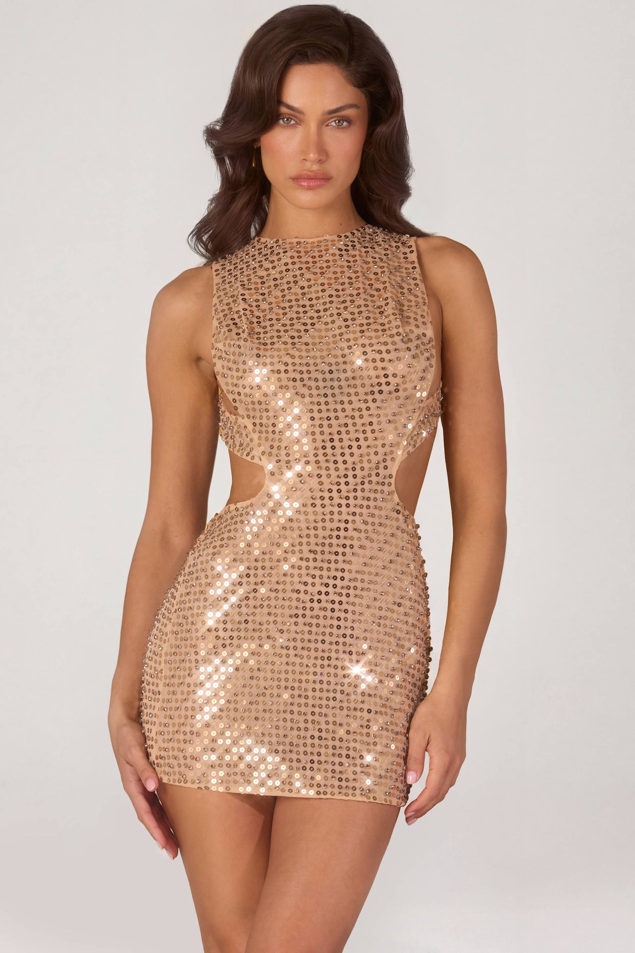 Embellished High-Neck Mini Dress in Gold - 9