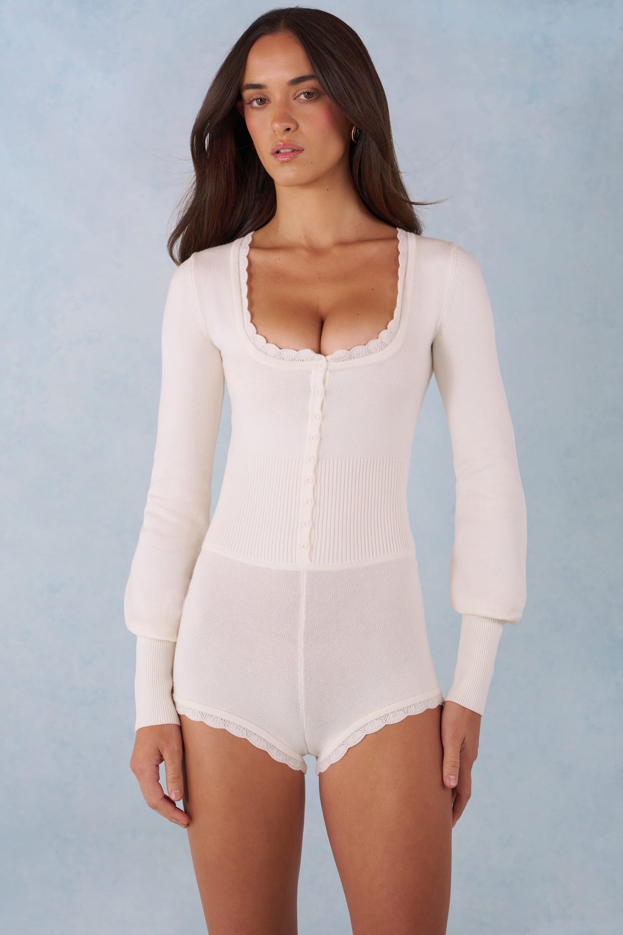 Knit Long-Sleeve Romper in Ivory - 9