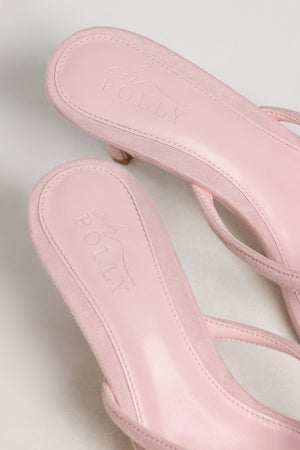 Oh Polly model Georgia wearing the Brielle Heels in Pink Modal fabric perfect for wedding guest style