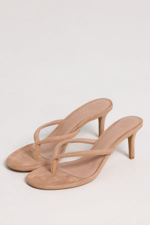 Oh Polly model Georgia wearing the Brielle Heels in Soft Tan Modal fabric perfect for wedding guest style