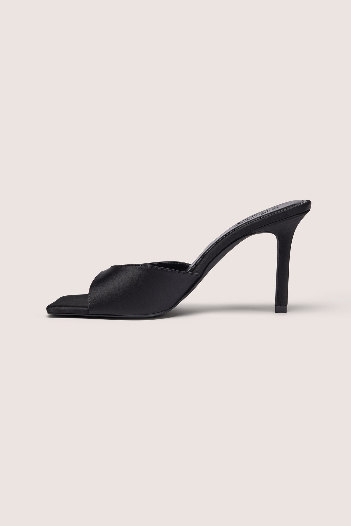 Satin Heeled Mule Sandal in Black