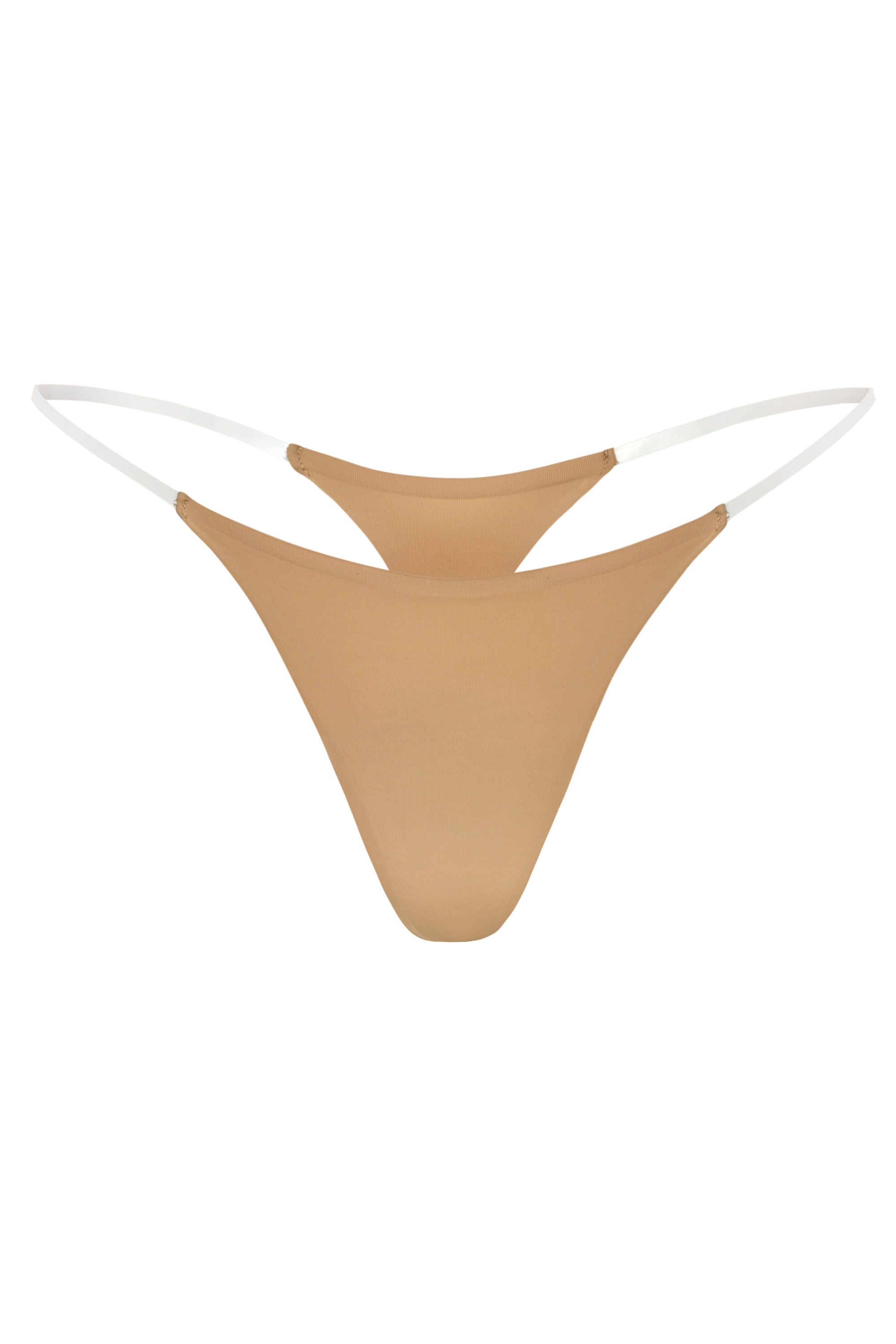 Seamless Knit Clear Strap Thong in Caramel - 1