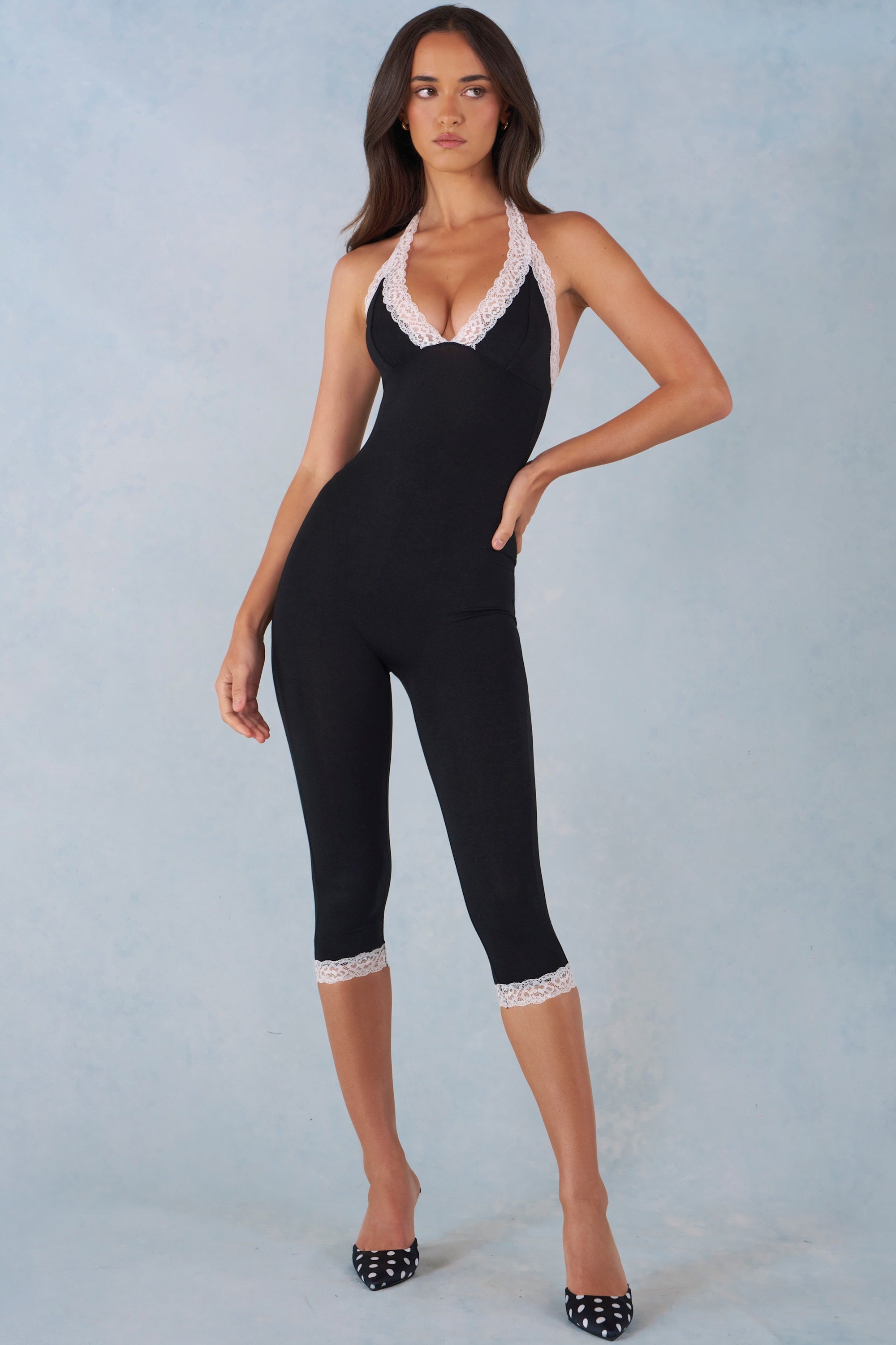 Calla Modal Lace-Trim Capri Jumpsuit in Black | Oh Polly – Oh Polly US