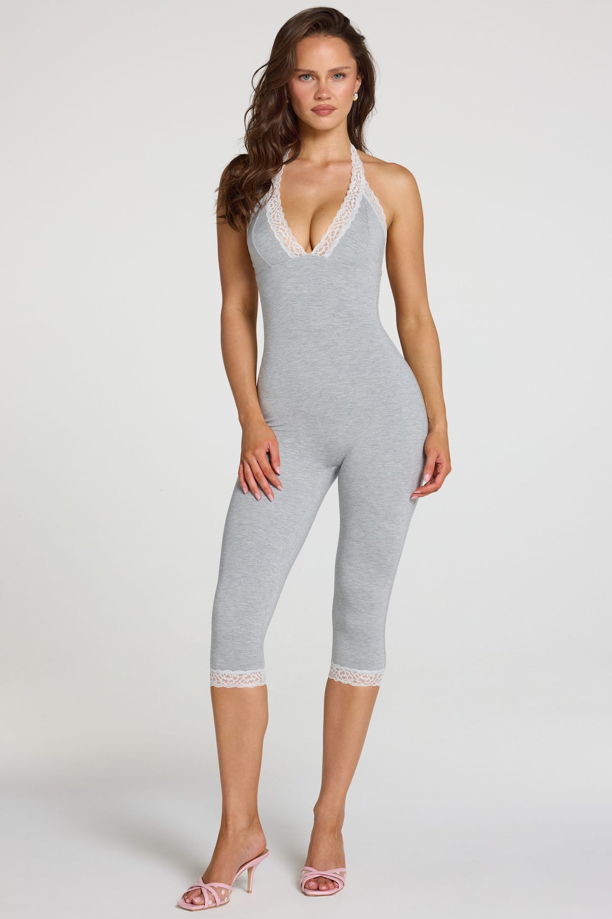 Modal Lace-Trim Capri Jumpsuit in Grey Marl - 6