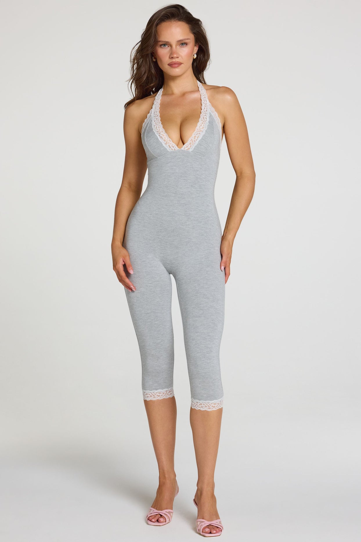 Modal Lace-Trim Capri Jumpsuit in Grey Marl - 8